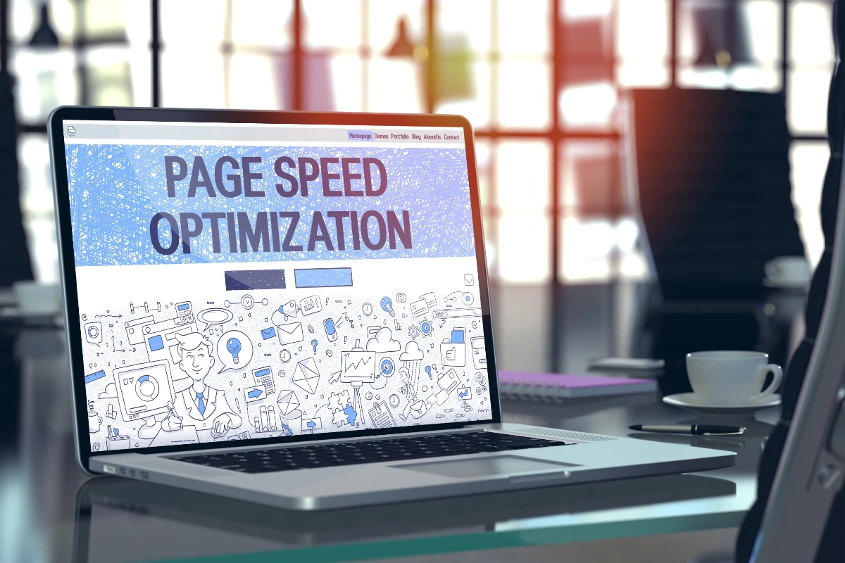 Laptop on a desk showing a page speed optimization dashboard and website performance graphics on screen