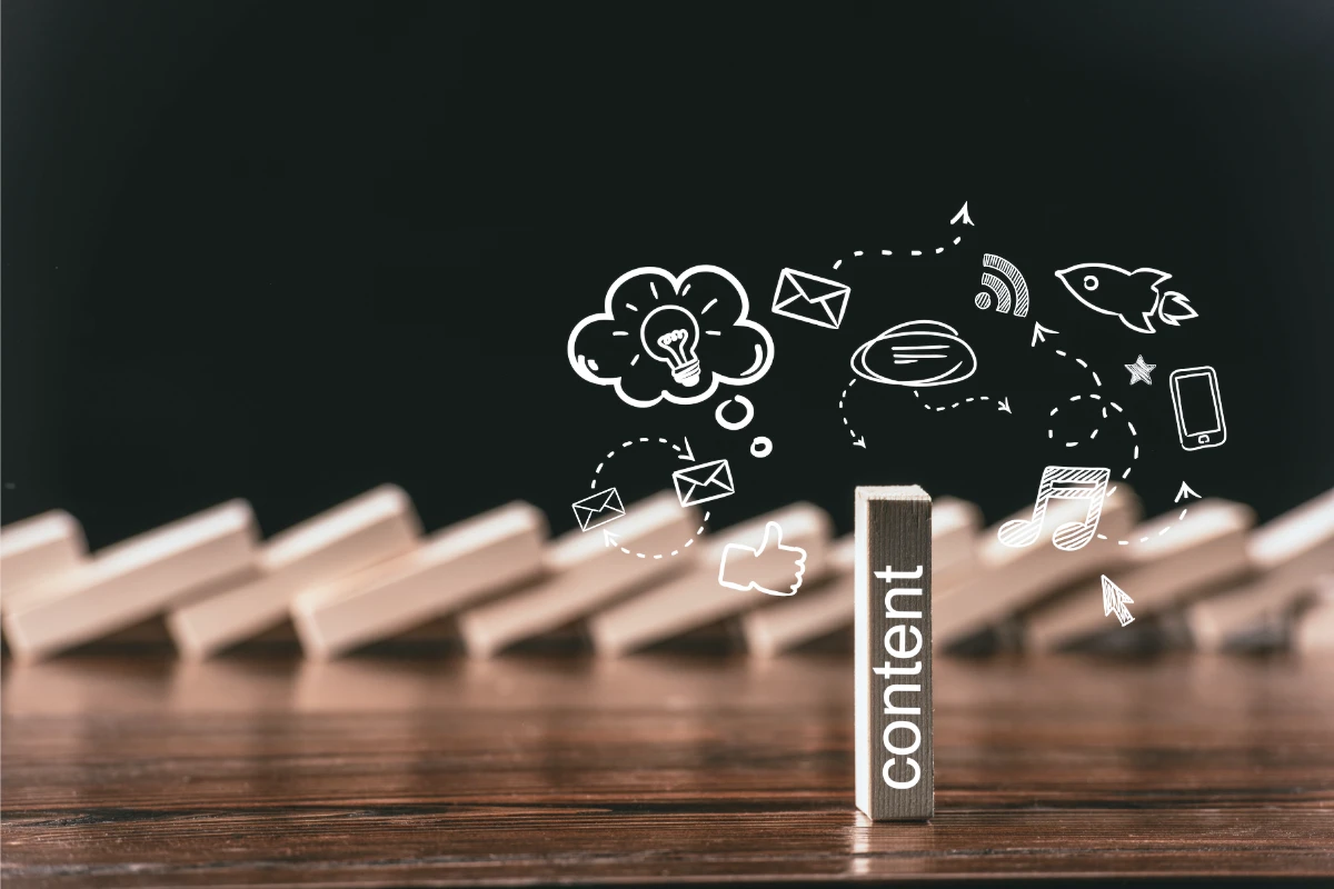 A wooden block labeled content standing upright while other blocks fall like dominoes, representing how strategic content triggers each stage of the buyer's journey