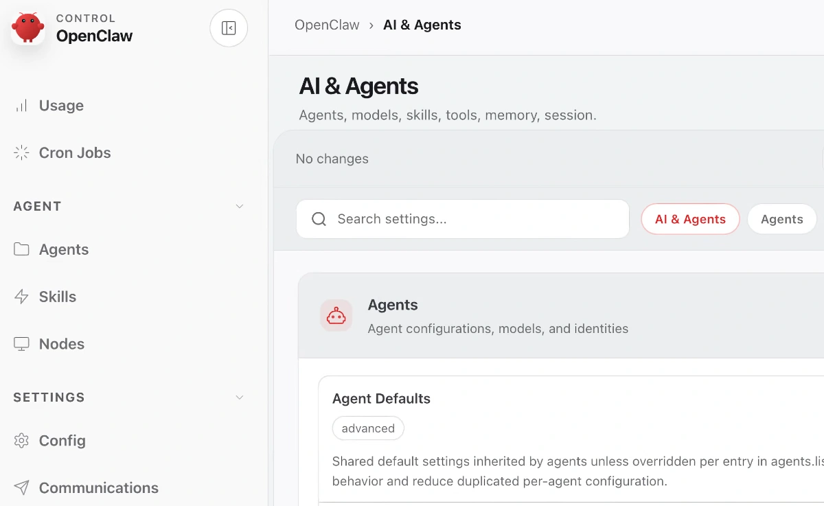 a screenshot of the OpenClaw Agents Dashboard